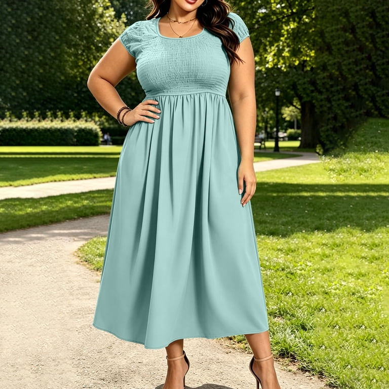 plus size short flowy dresses Plus Size short puff sleeves V-Neck Flowy Flare Midi Dress with Pocket