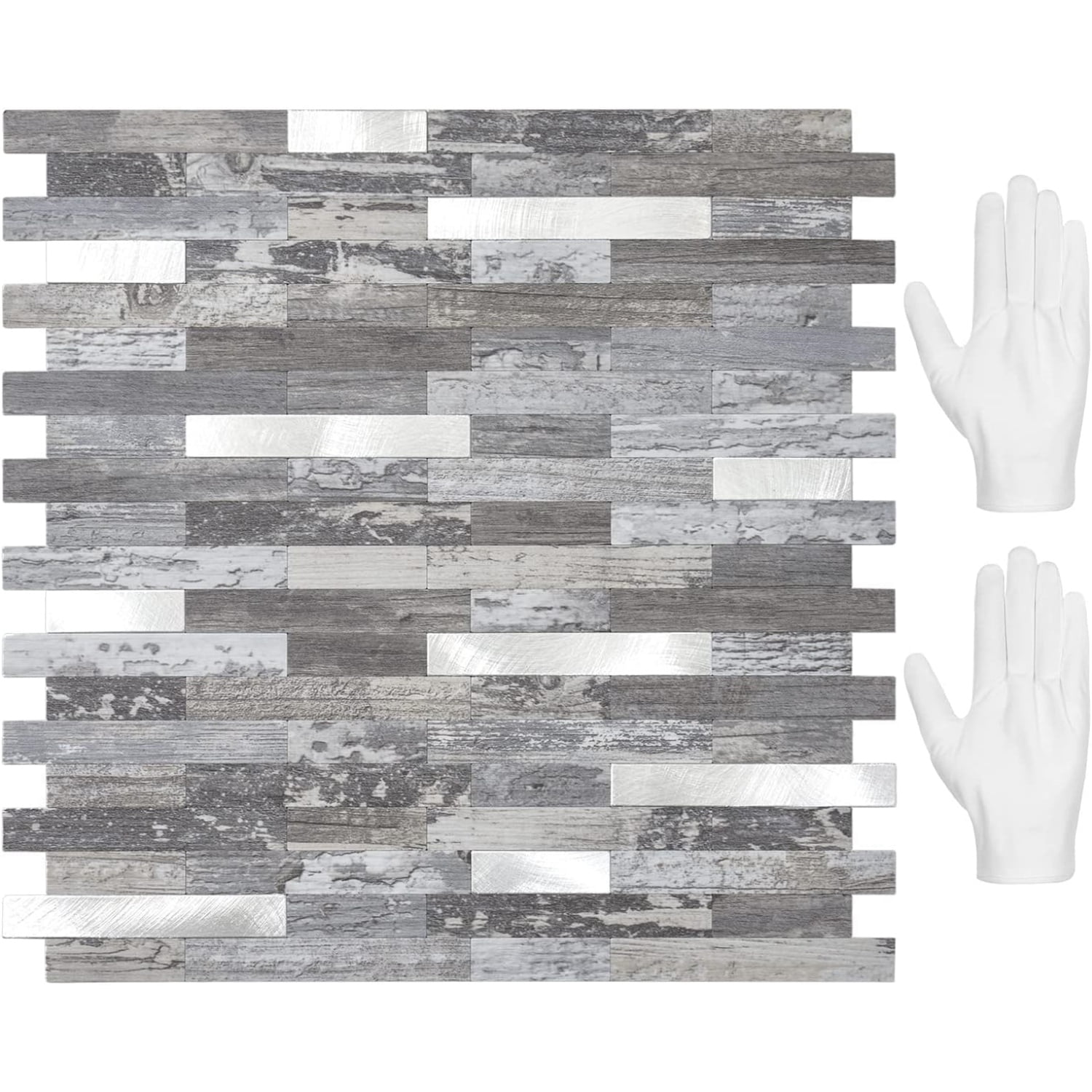 Peel and Stick Backsplash, PVC Wall Tiles Stick on Backsplash for Kitchen(10 Sheets, Distressed Wood with Metal Silver)