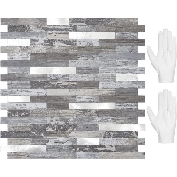 Peel and Stick Backsplash, PVC Wall Tiles Stick on Backsplash for Kitchen(10 Sheets, Distressed Wood with Metal Silver)