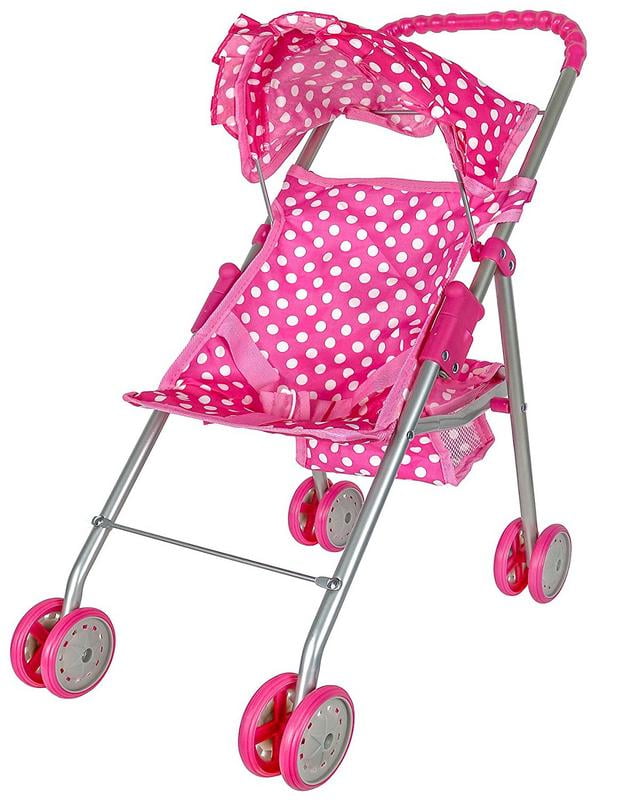 White Polka Dots Doll Stroller Pink Handles Precious Toys Pink Silver Frame 