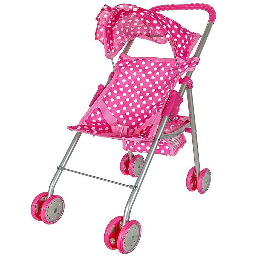 Precious Toys Pink & White Polka Dots Foldable Doll Stroller With Hood