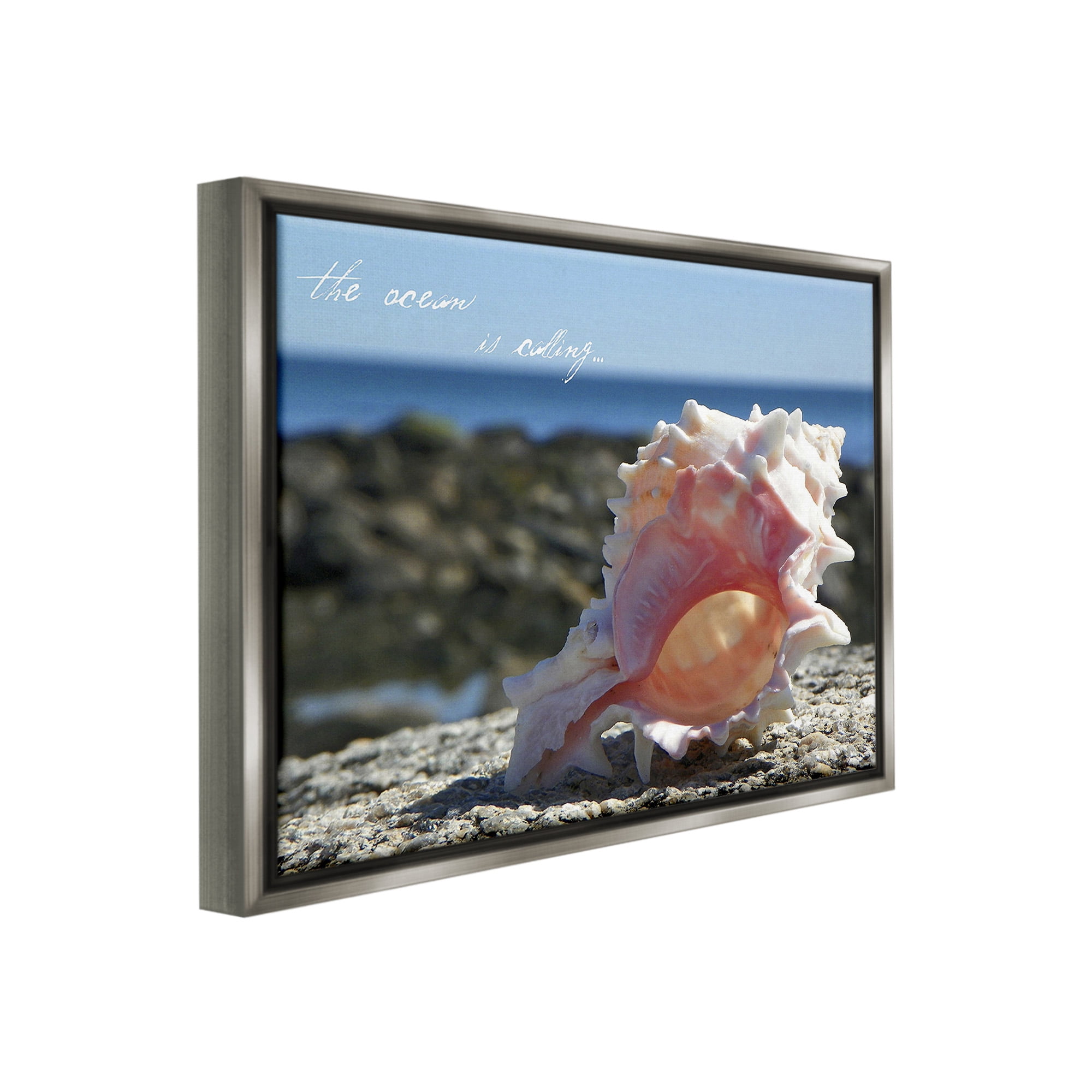 Stupell Industries Ocean Is Calling Conch Typography Photography Gray Floater Framed Canvas Art Print Wall Art, 31 x 25