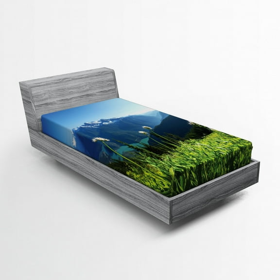 Ambesonne Mountain Fitted Sheet, Diablo Lake Dandelions, Twin Size, Sky Blue and Green