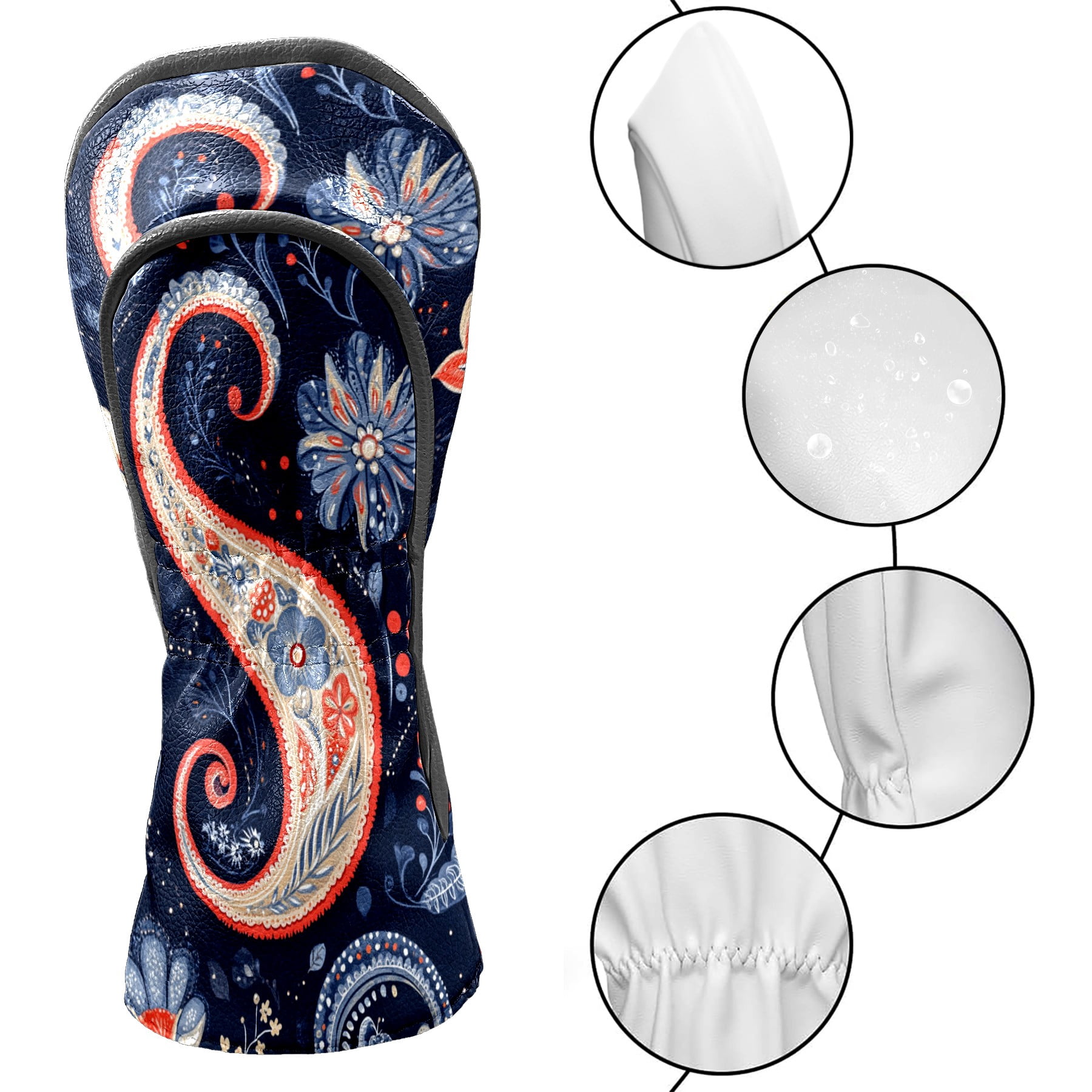 Golf Club Covers PU Leather Waterproof Head Covers for Fairway Woods Hybrids Paisley Pattern