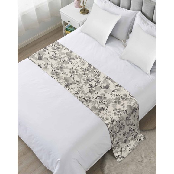 Bed Runner Scarf Twin Size, Vintage Grey Flower Stain Bed Runners & Scarves for Foot of Beds, Farmhouse Botanical Floral Retro Decorative Bedding Runner Scarf for Hotel Home Bedroom