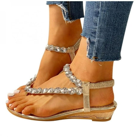 

Women s Rhinestone Wedding Sandals Ring Toe Slip-On Flat Sandals Casual Outdoor Beach Summer Sandals Roman Shoes for Women