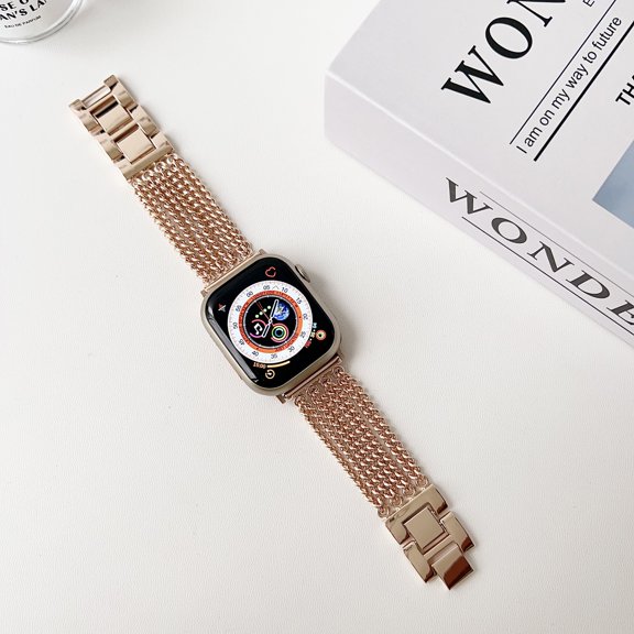 Compatible with Apple Watch Band 49mm for Women with Zinc Alloy Wristband with 8-row Chain Bracelet Strap Steel iWatch Series 9 8 7 SE2 6 5 4, (41mm 40mm 38mm),Rosegold