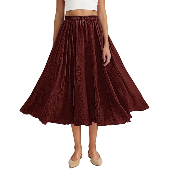 Stamzod Women's Flowy Maxi Skirt Summer Pleated High Waisted Casual Long Skirts with Pockets Wine B Free Size
