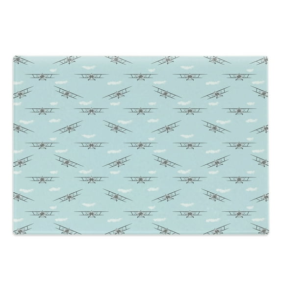 Airplane Cutting Board, Old Aircraft Biplanes in Blue Sky Speedy Propellers Wings Retro Design, Decorative Tempered Glass Cutting and Serving Board, Large Size, Pale Blue Black White, by Ambesonne
