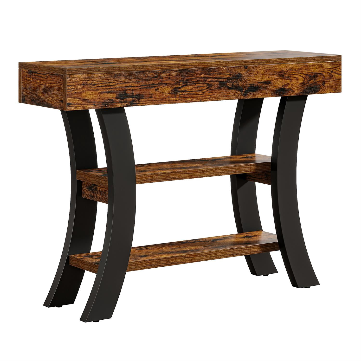 Spaco Industrial Rustic Console Table with Shelves and Metal Curved Legs, Entryway Sofa Side Table for Indoor as Living Room, Bedroom, Brown