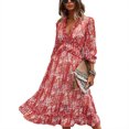 thumbnail image 1 of Vestido casual de una pieza Ticfox con Cuello en V Manga larga estampado floral rojo S, 1 of 6