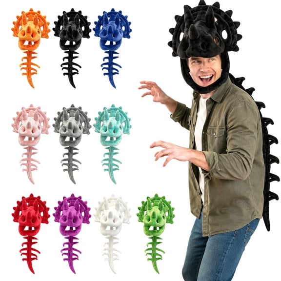 Plush Dinosaur Skeleton Costume Set - Spinosaurus Skull Headpiece with Spine Back Piece, Fun Family Matching Dino Dress-Up Outfit for Cosplay, Halloween & Birthday Party, Black, 35in