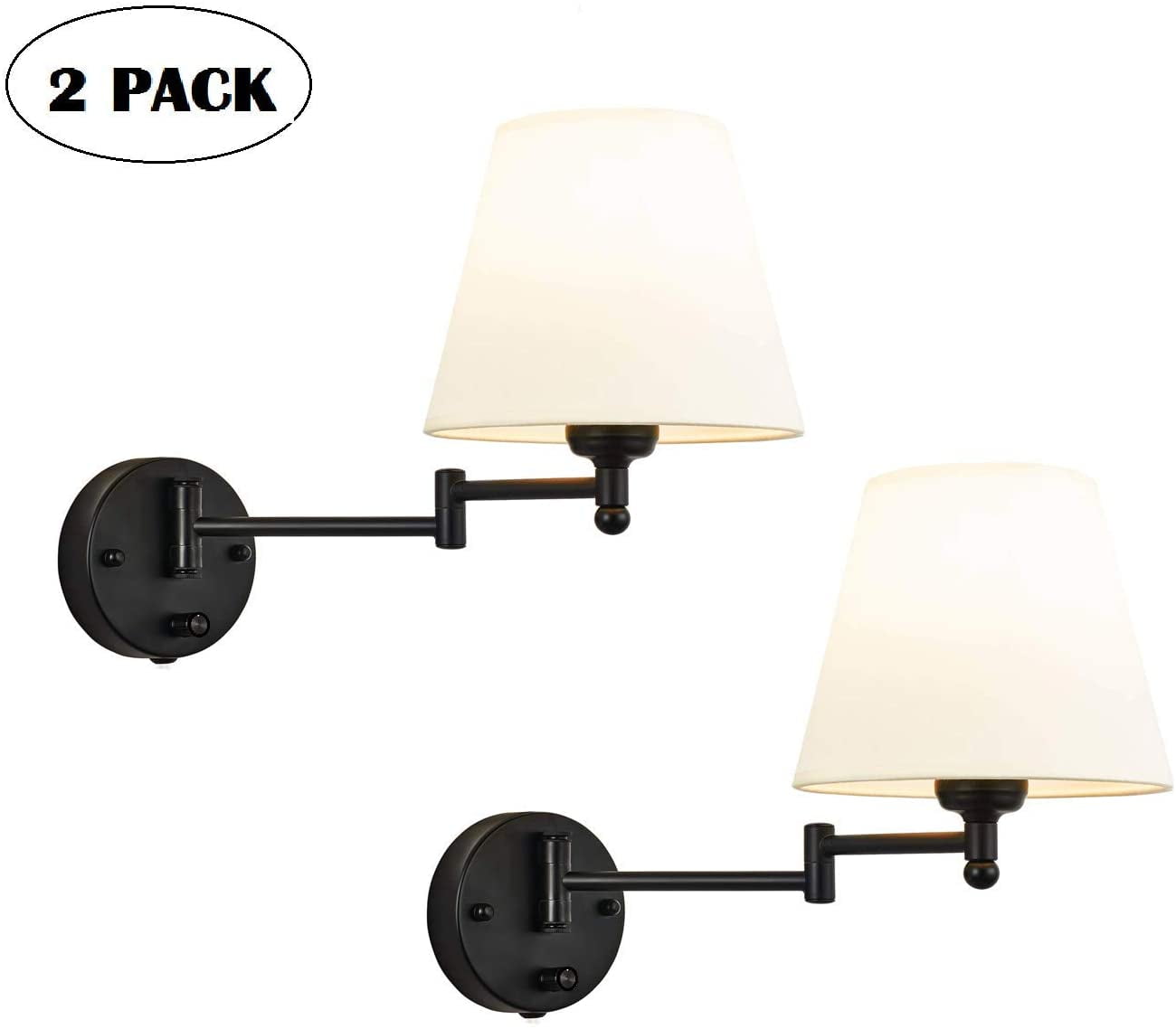Adjustable Swing Arm Sconces 2 Pack Wall Lamps with White Shade & Black Metal (Bulbs Not Included)