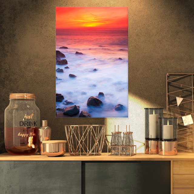 Coucher de Soleil sur Côte Rocheuse Rouge Vif - Art sur Toile Bord de Mer Extra Grand