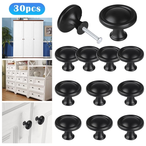 30Pcs Kitchen Cabinet Knobs Round Drawer Handles Cabinet Hardware Round Knobs With Screws Elegant Black Finish For Bathroom Cabinets Dresser Home Fixing Clip