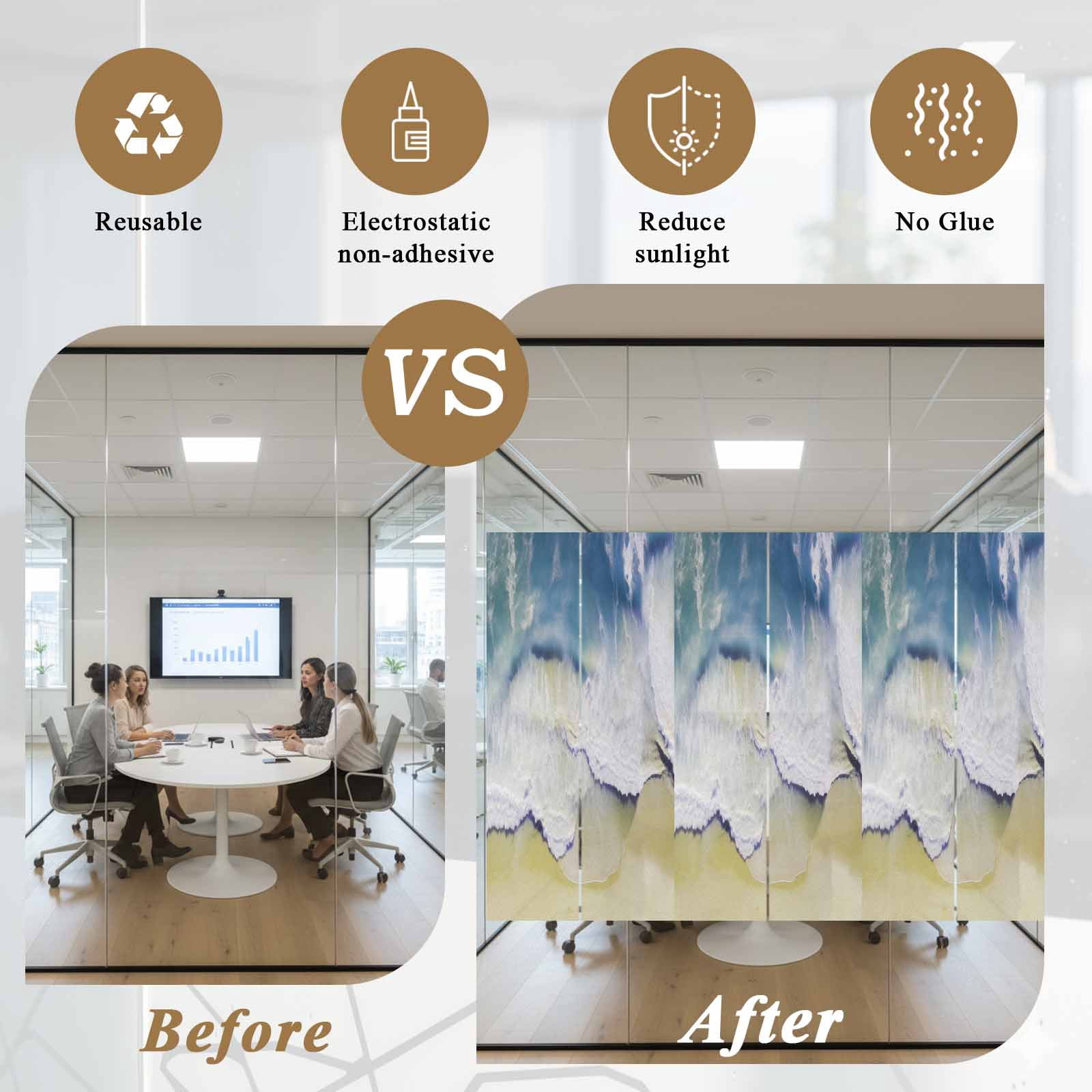 Abstract Summer Window Privacy Film, Ocean Beach Blue Wave Frosted Glass Window Clings Static Cling UV Heat Blocking Reusable Door Sticker for Bathroom 23.6 x 59 Inch