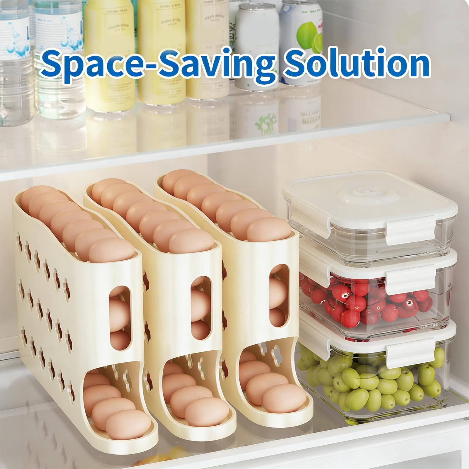 Egg Holder for Fridge, 2026 Eggs Dispenser Auto Rolling, No Assembly Required Easy Access, Save Refrigerator Space, And Prevent Egg from Breaking, Large Capacity / Holds 30 Eggs (Beige2PC)