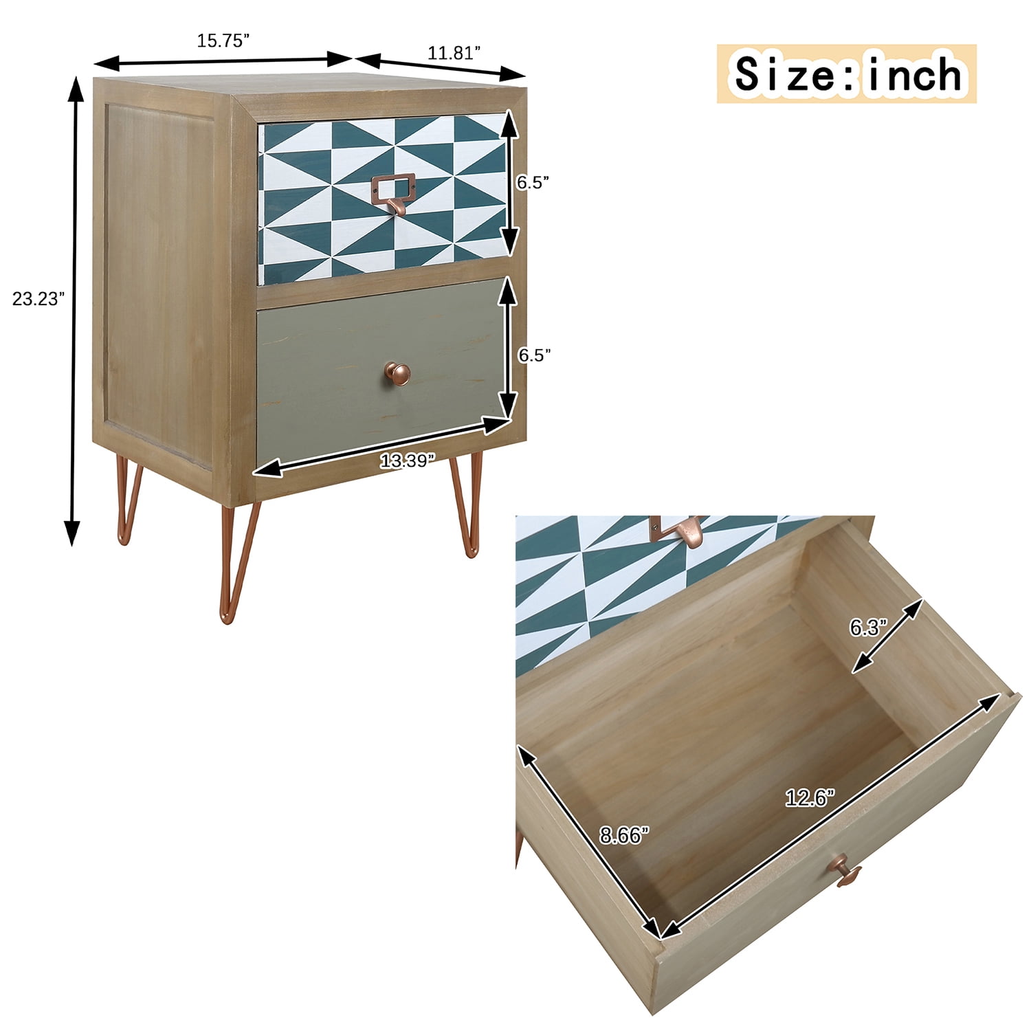 Kadyn 2 Drawers Wooden Nightstand, Modern Style Bedside Table with Metal Feet, Storage Sofa Side Table for Living Room and Bedroom, Natural Kadyn 2 Drawers Wooden Nightstand, Modern Style Bedside Table with Metal Feet, Storage Sofa Side Table for Living Room and Bedroom, Natural