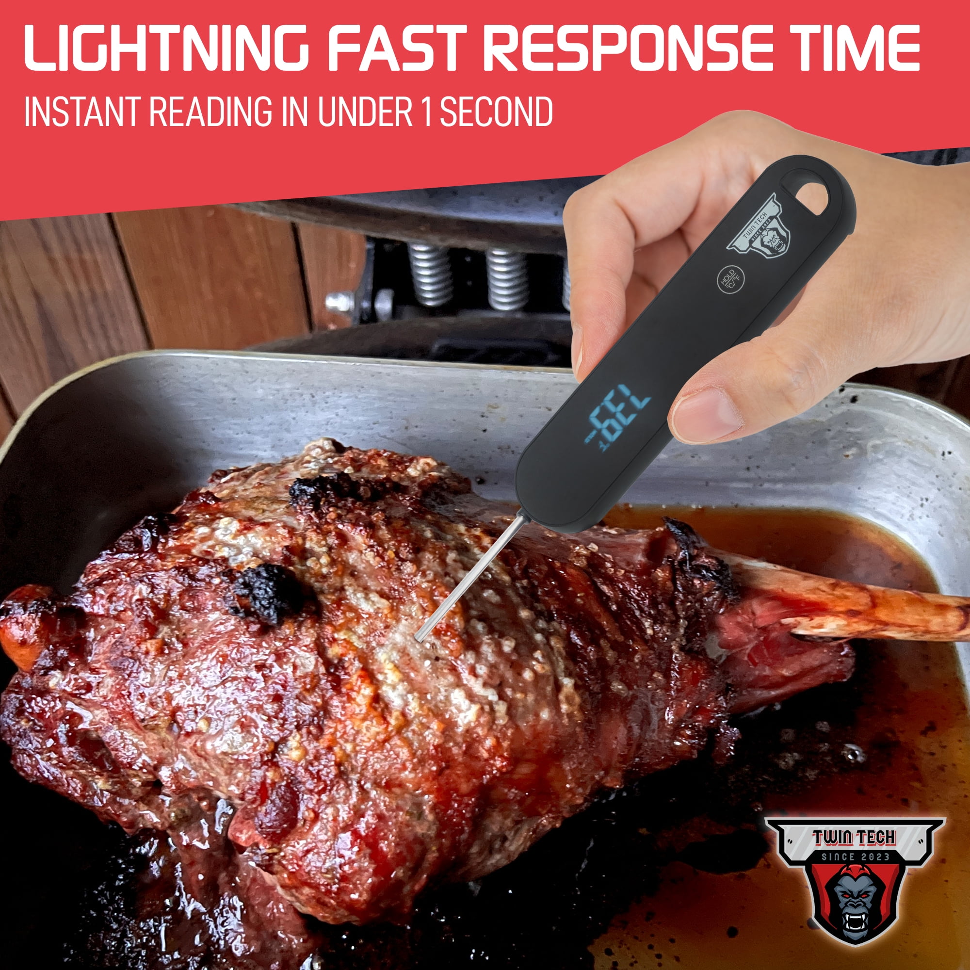 TwinTech Instant Read Meat Thermometer, Digital Food Thermometer, Foldable Probe, Magnetic, Waterproof, Backlight, AAA Battery, Black