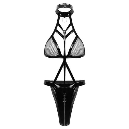 

qucoqpe Sexy Lingerie Bodysuit for Women Faux Leather Crisscross Lingerie One Piece Halter Backless Mini Babydoll