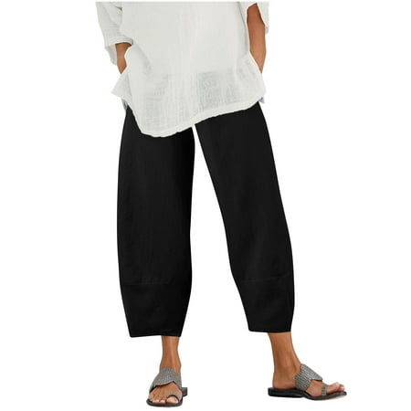lcziwo Capri Pants for Women Dressy Casual,Womens 2024 Capri Pants Cotton  Linen Wide Leg Capris Casual Summer Cropped Pants,Black,S 
