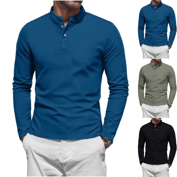 HomeDM Men's Henley Shirts Long Sleeve Button Crew Neck Slim Fit Casual Pullover Tee Shirt, Blue, Size L
