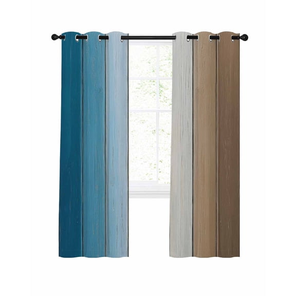 Blue Brown Ombre Blackout Curtains, Light Blocking Print Window Curtains, Vintage Country Wooden Thermal Insulated Window Drapes for Living Room Kitchen Cafe 2 Panels, 84"W x 84"L