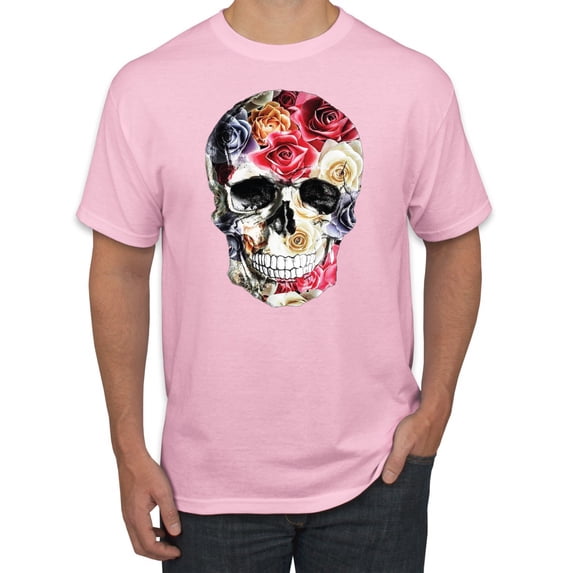 Roses Skeleton Face Floral Skull Fashion Graphic T-Shirt, Light Pink, 4XL