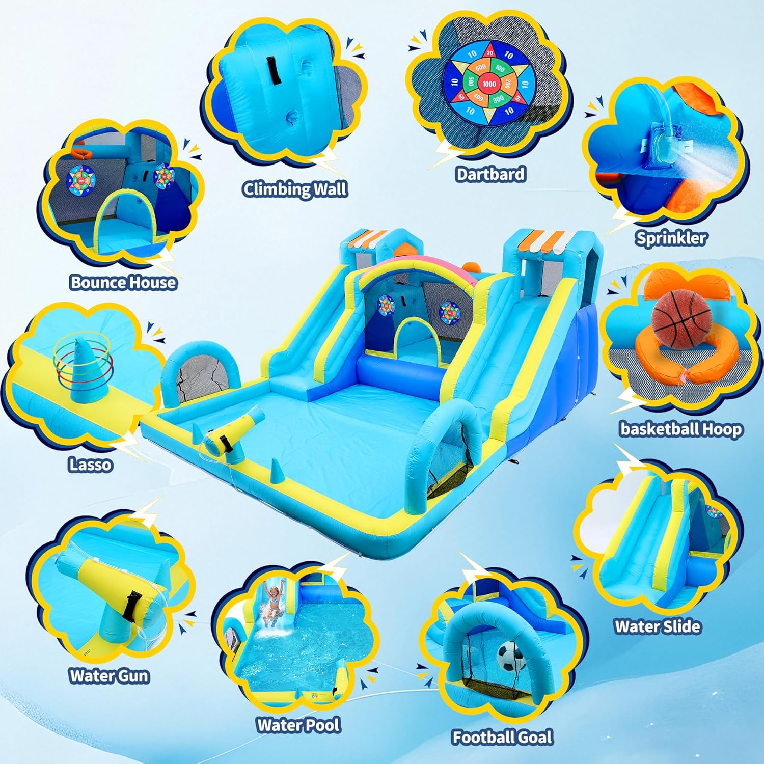 CazToi Inflatable Bounce House with Double Water Slide Oxford Fabric Blower Included Backyard Party