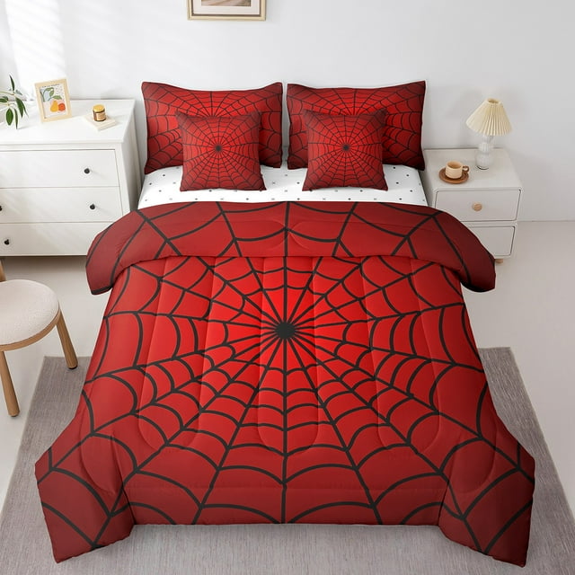 Décorations d'Halloween Araignée Noire Géante Ensemble de Douillette Pleine 7 Pcs, Lit en Sac Pleine, Ensemble de Literie Toiles d'Araignée Rouges avec Douillette Toile d'Araignée Gothique, Drap Plat, Drap-Housse, Taies d'Oreiller, Couvre-Oreillers