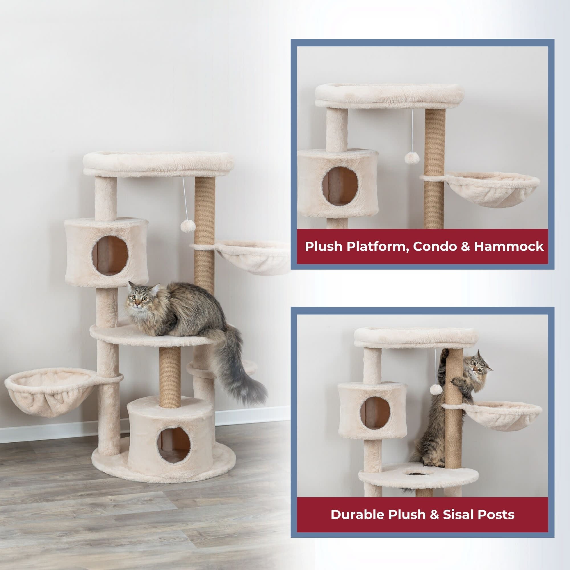 TRIXIE Anna Plush & Jute 50" Cat Tree Scratching Posts Condos Hammocks Perches Cat Toy, Beige