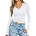 thumbnail image 3 of Long Sleeve Shirts for Women Fall Fashion V Neck Basics Crop Tops Slim Fitted Y2K Tops Outfits Clothes White M, 3 of 9