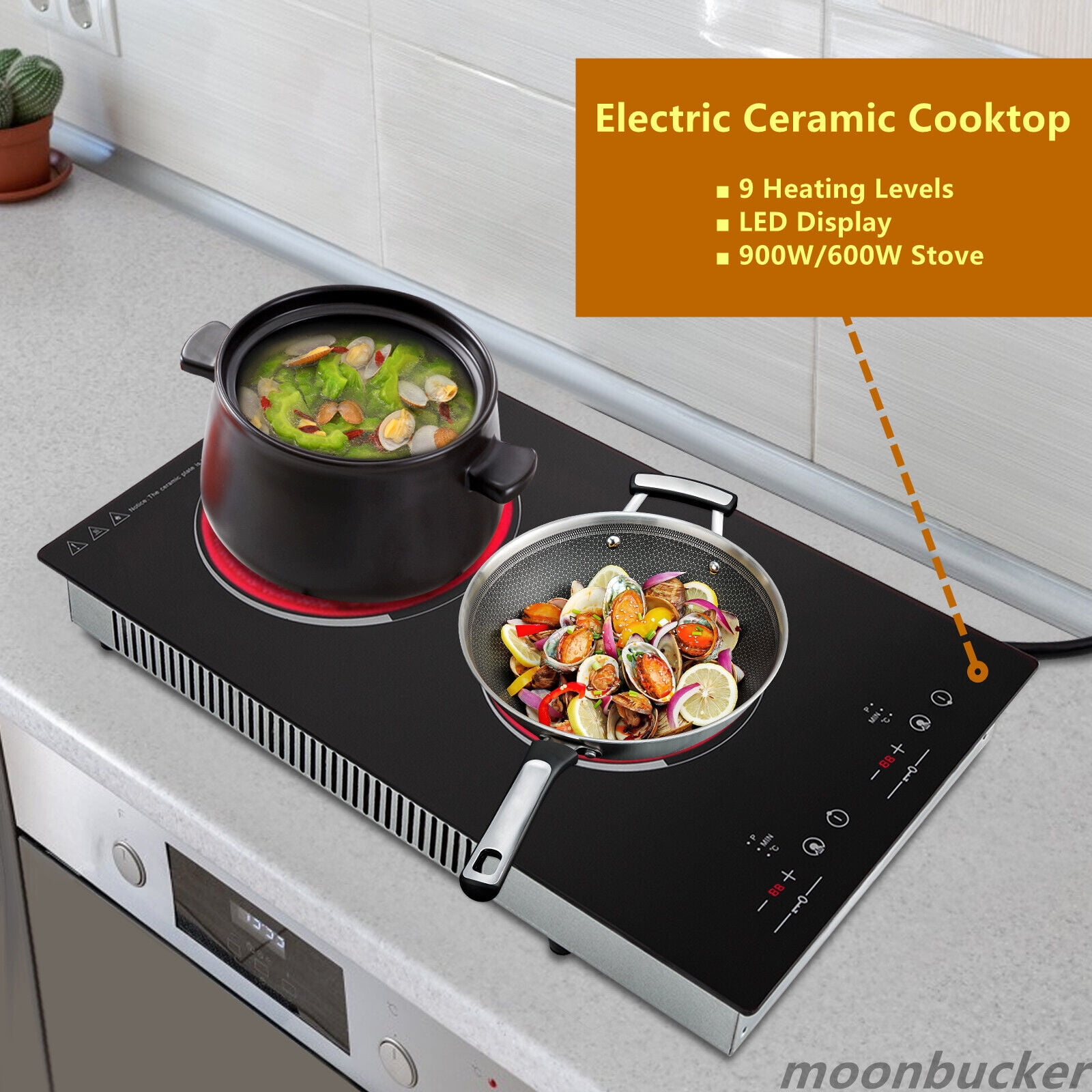 110V Electric Stove Ceramic Cooktop Sensor Touch Control 2 Burners with Plug