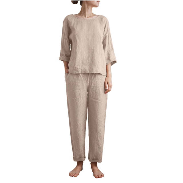 Yuyuzo Ensembles 2 Pcs en Coton et Lin pour Femmes Col Rond Manches 3/4 avec Pantalons Droits Tenues de Détente