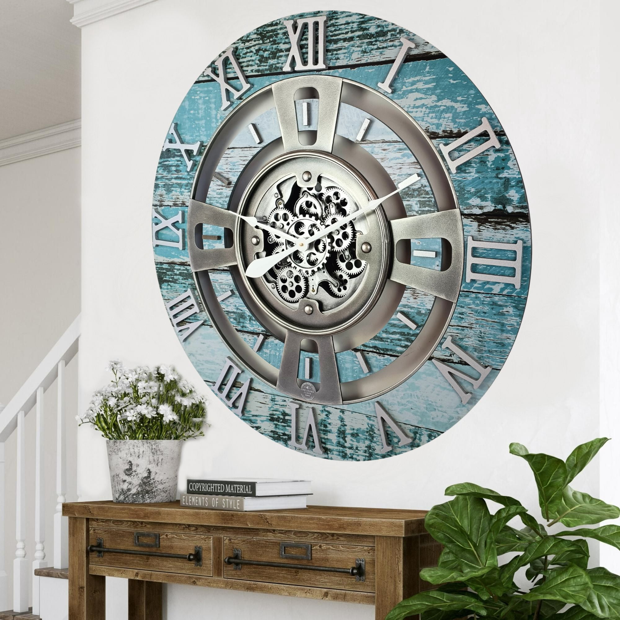 THE GEARS CLOCK Wall Clock with Real Moving Gears EN-LI_ 36 in Round Aqua-Green
