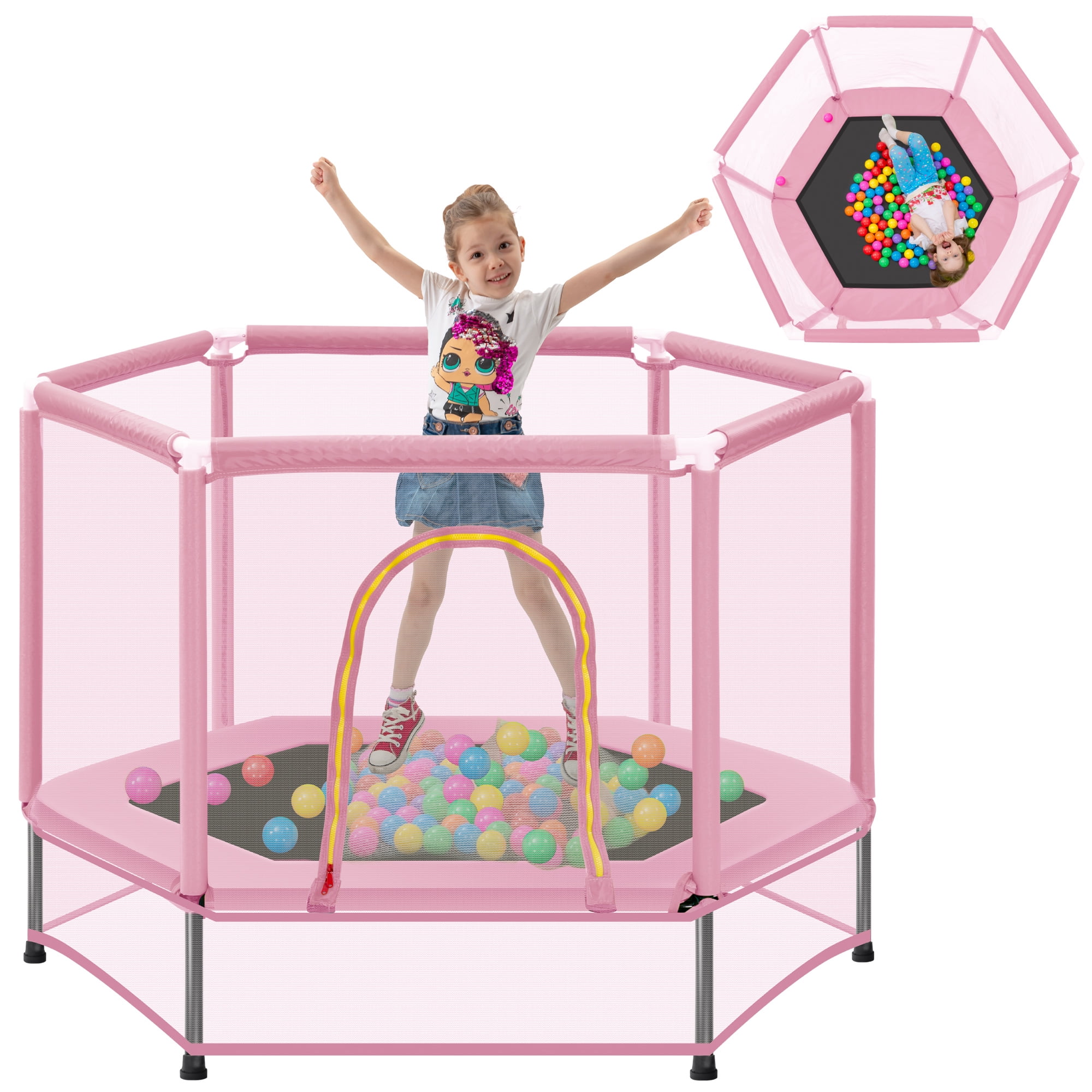 55" Toddler Trampoline with Safety Enclosure Net & Ocean Balls, Indoor Outdoor Mini Trampoline for Kids