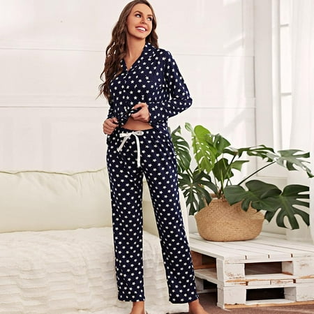 

Women s Long-sleeved Lapel Pajamas Set Casual Print System Buckle Home Service Pajamas 2 Piece Nightwear with Pants Soft Pjs Stars and Dots in Autumn and Winter