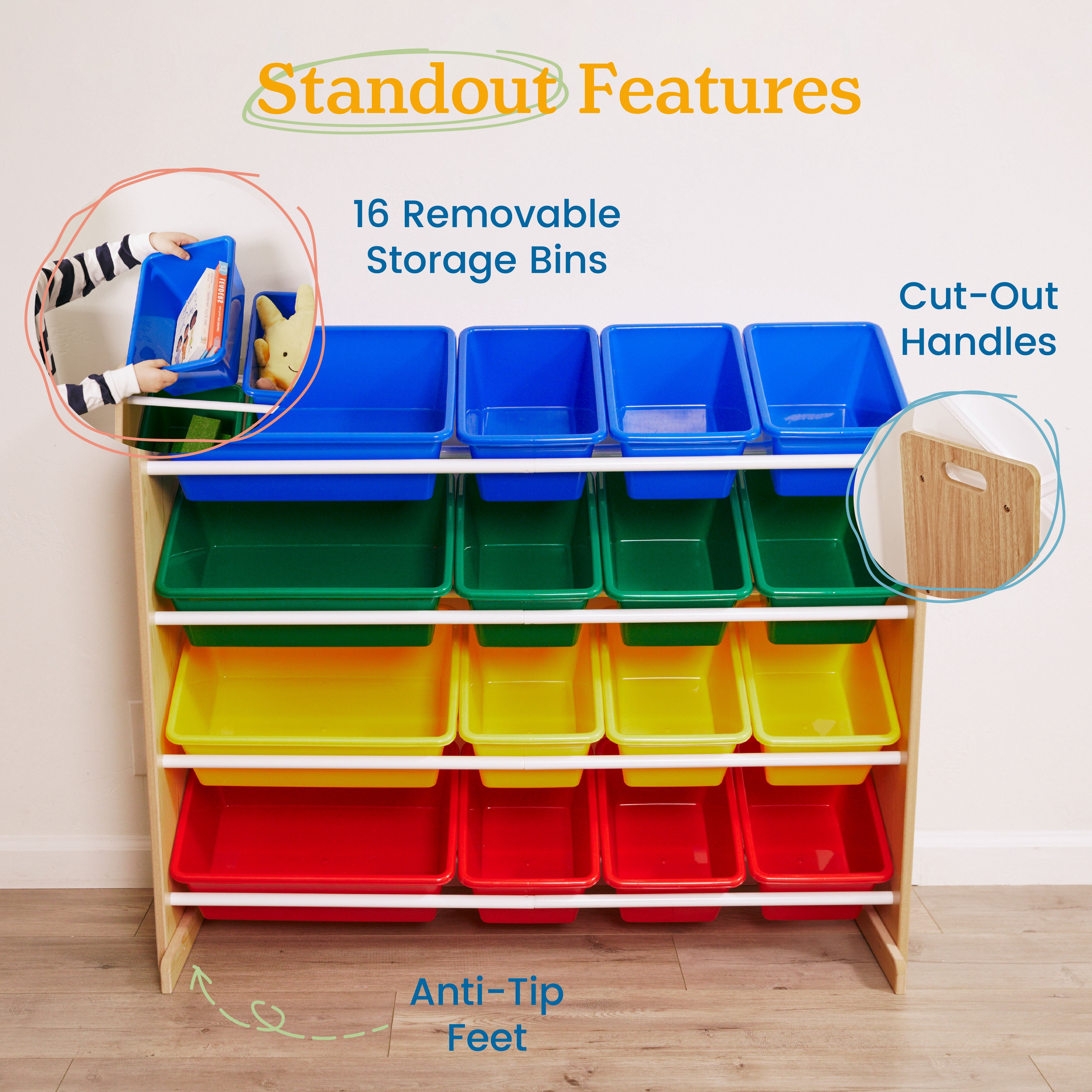 ECR4Kids 4-Tier Organizer with 16 Removable Plastic Bins, 4x4, Toy Storage, Natural/Primary