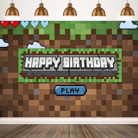 Pixel Birthday Backdrop, Video Game Themed Theme Party Decorations Miner Party Supplies Banner for Theme Party, Birthday (5x3ft)