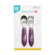 Bumkins Toddler Fork and Spoon Set, Stainless Steel & Silicone Utensils for Babies and Kids 18 Mos+ Purple