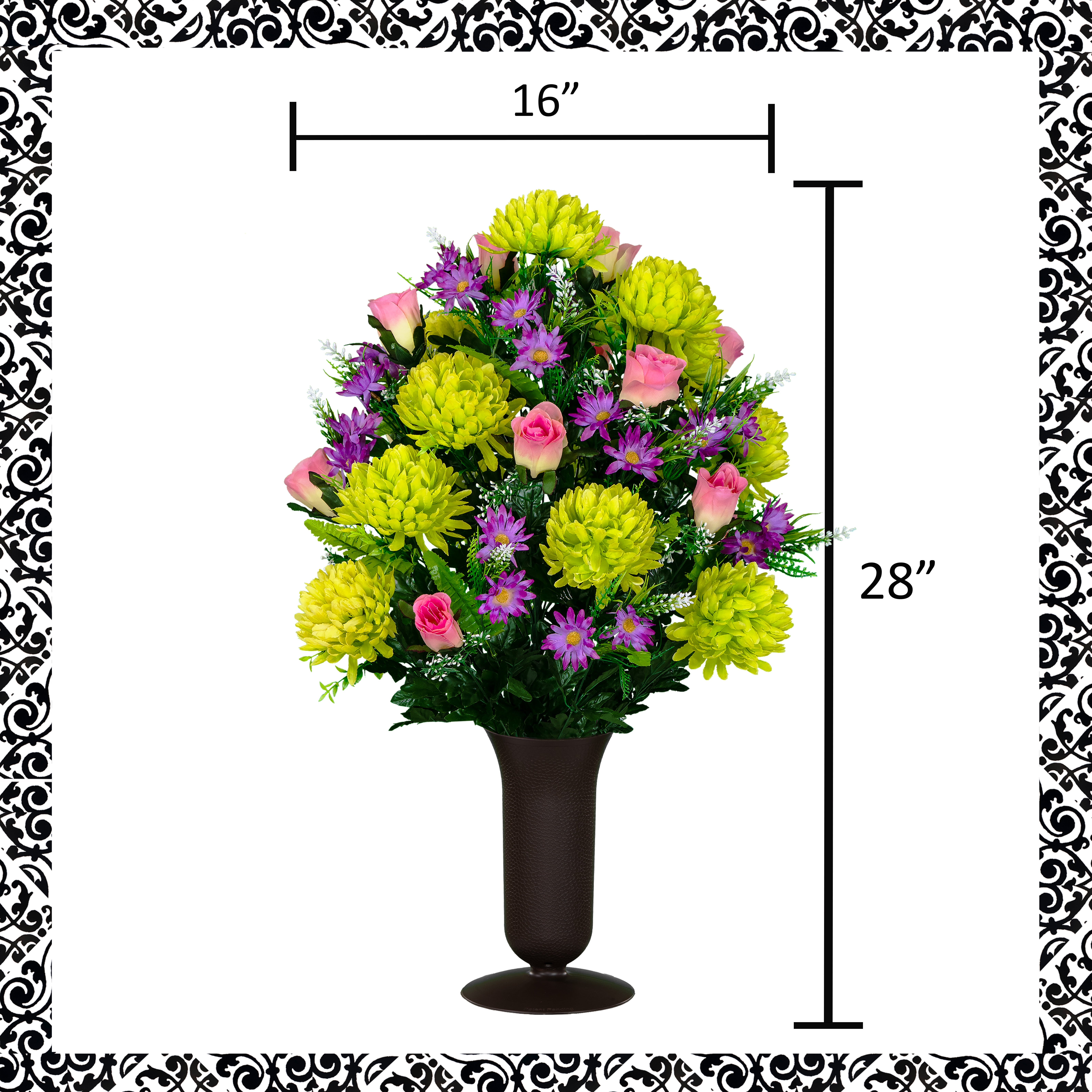 Sympathy Silks Artificial Cemetery Flowers -Lime Mum and Lavender Rose Bouquet