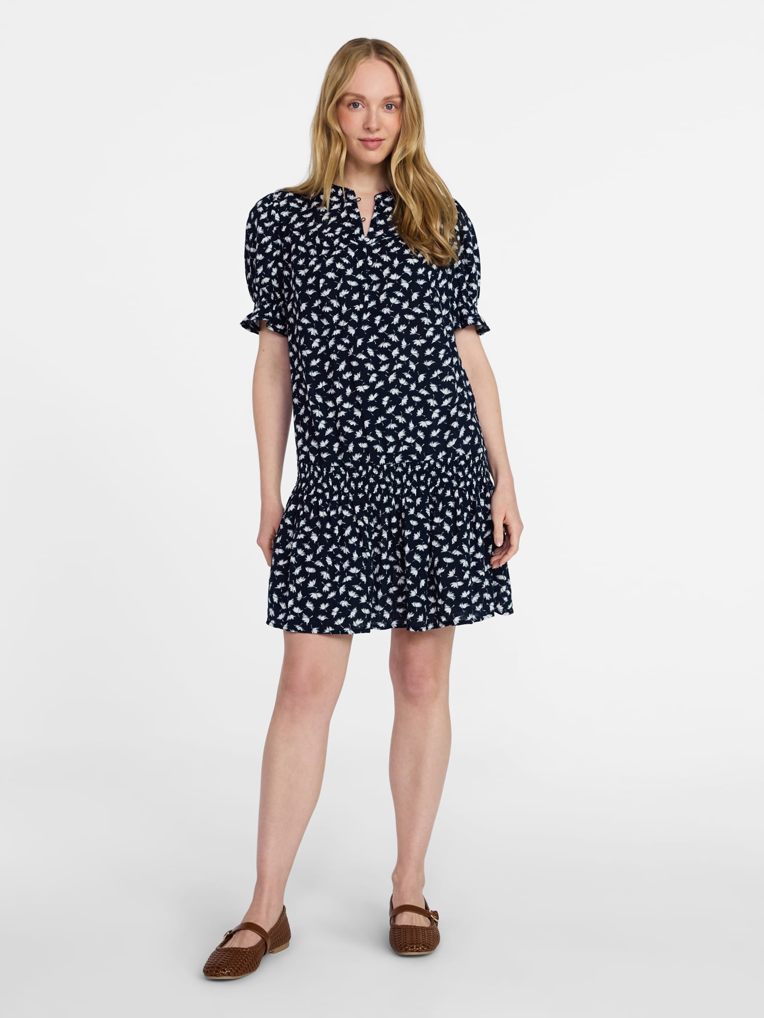Time and Tru Women's Cotton Double Cloth Mini Dress with Drop Waist, Sizes XS-XXXL