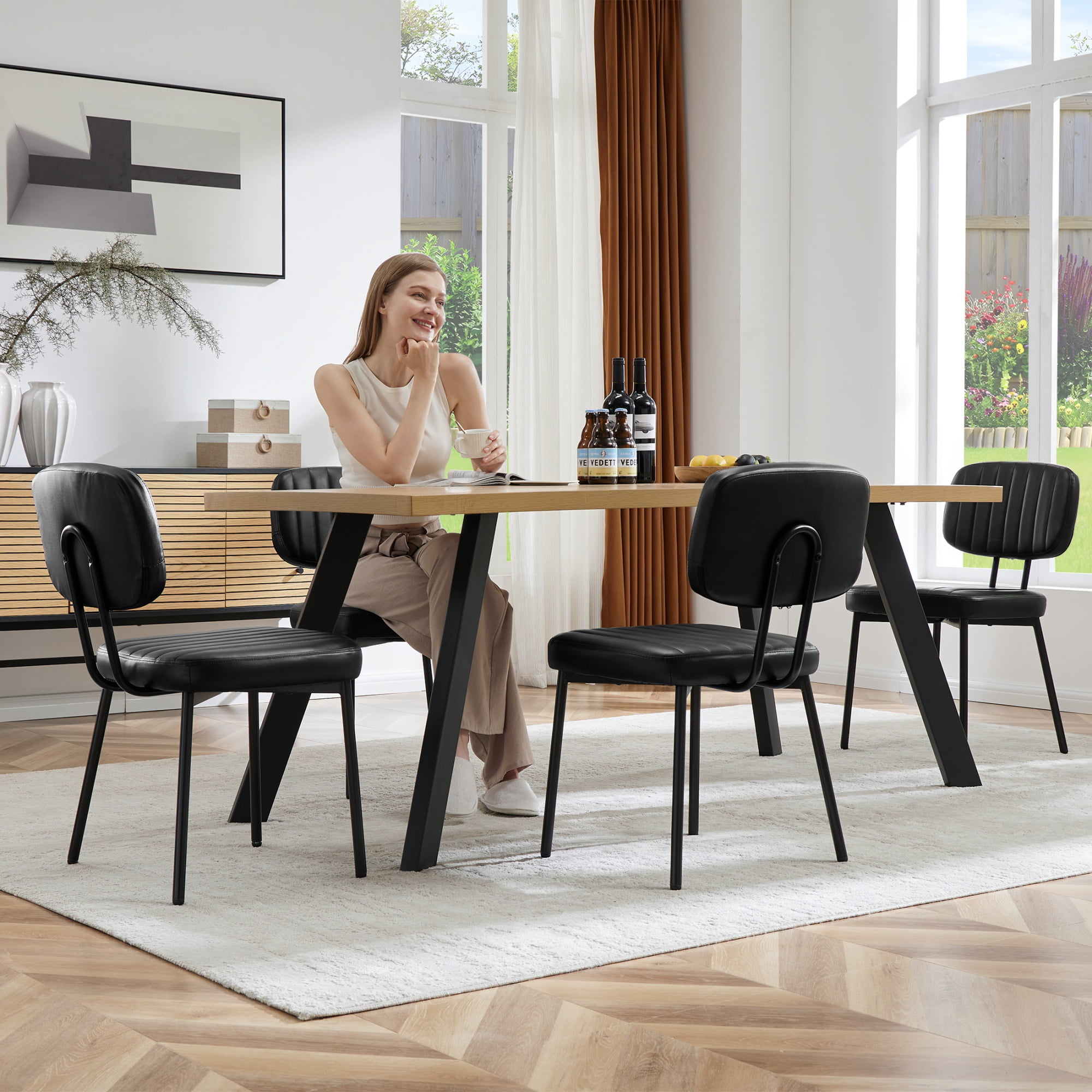 edx Dining Chairs Set of 2, Mid Century Modern Kitchen Chairs with Faux Leather for Kitchen, Living Room, Black
