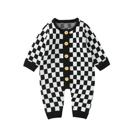 

AMILIEe Baby Girl Boy Knitted Romper Jumpsuit Plaid One Piece Button Down Sweater Playsuit 0-24 Months