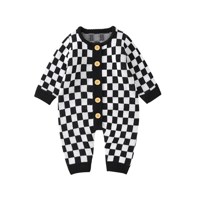 Nituyy Combinaison Tricotée pour Bébé Fille Garçon, Col Rond à Damier Manches Longues Boutonnée, 0-24 Mois