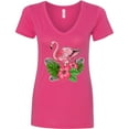 thumbnail image 3 of Inktastic Flamingo with Tropical Flowers Women's V-Neck T-Shirt, 3 of 5