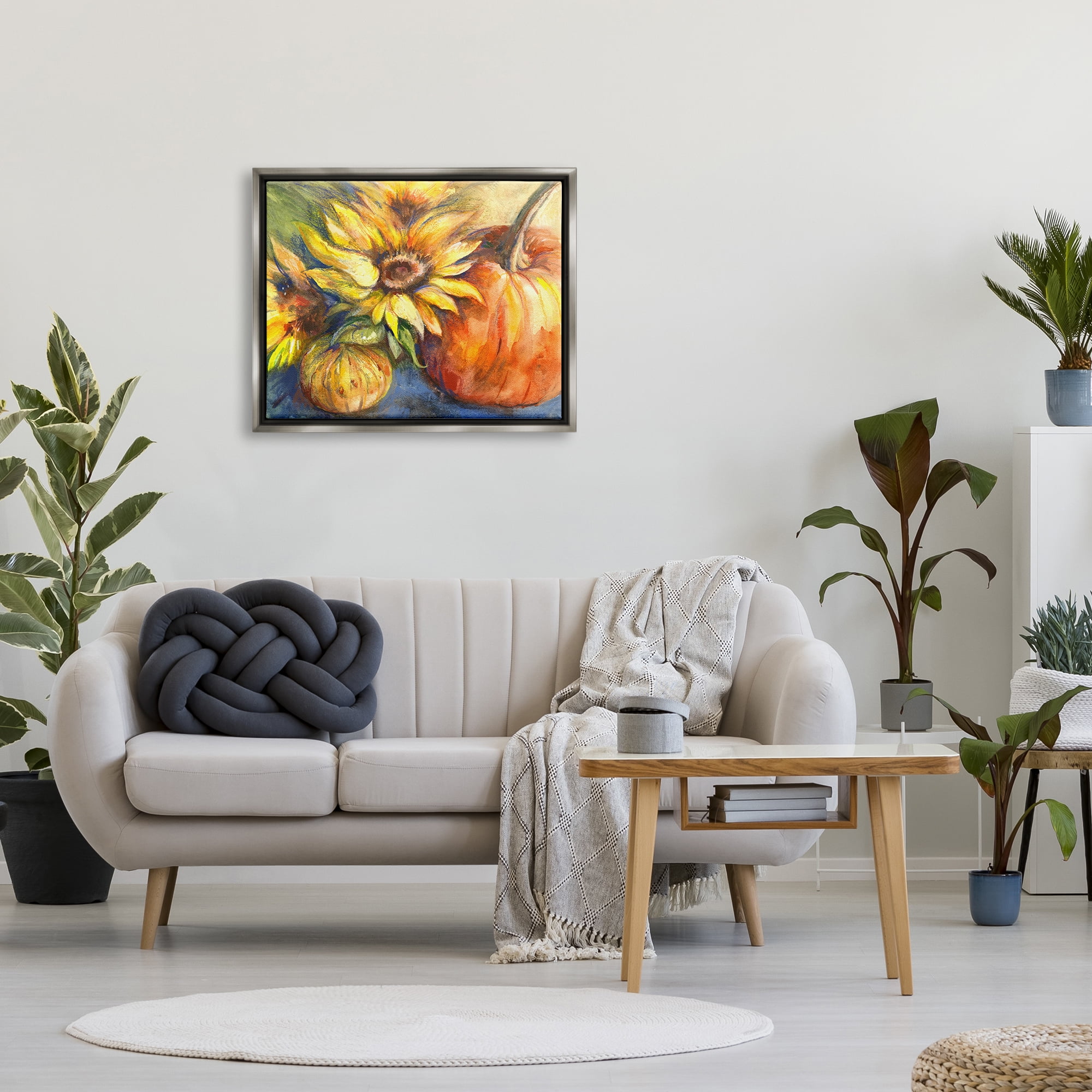 Stupell Industries Fall Sunflowers & Gourds Botanical & Floral Painting Gray Floater Framed Canvas Art Print Wall Art, 31 x 25