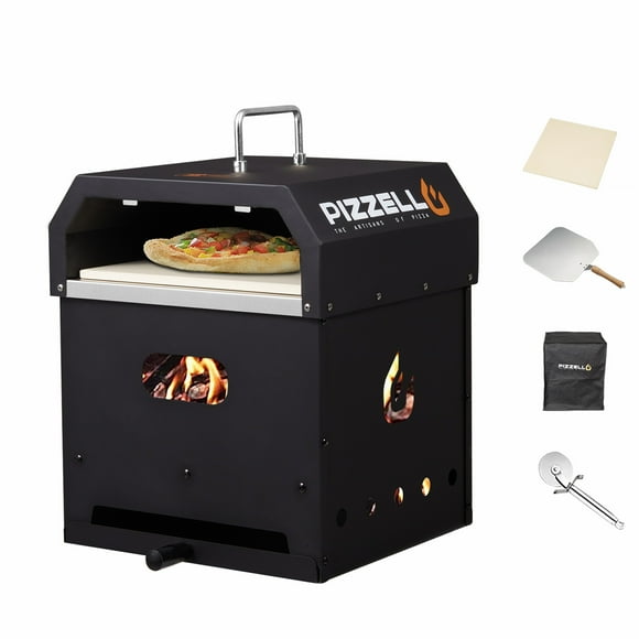 4 in 1 Outdoor Pizza Oven Wood Fired 2-Layer Detachable Outside Ovens with Pizza Stone, Pizza Cutter, Pizza Peel, Cover, Cooking Grill Grate - Black