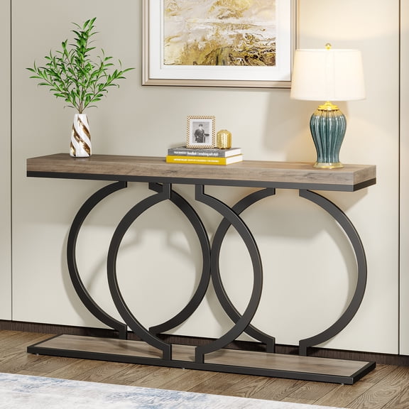 Finmind Narrow Entryway Console Table, 55-Inch Industrial Entryway Table Sofa Table with Geometric Metal Frame for Living Room, Entrance, Hallway, Grey
