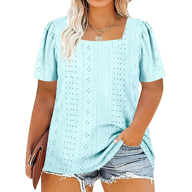 AherBiu Plus Size Womens T Shirts Square Neck Oversized Tshirts Summer Casual Loose Fitting Comfy Basic Tees